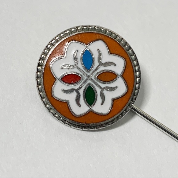 Vintage enamel abstract flower stick pin silver blue green orange - Picture 6 of 7